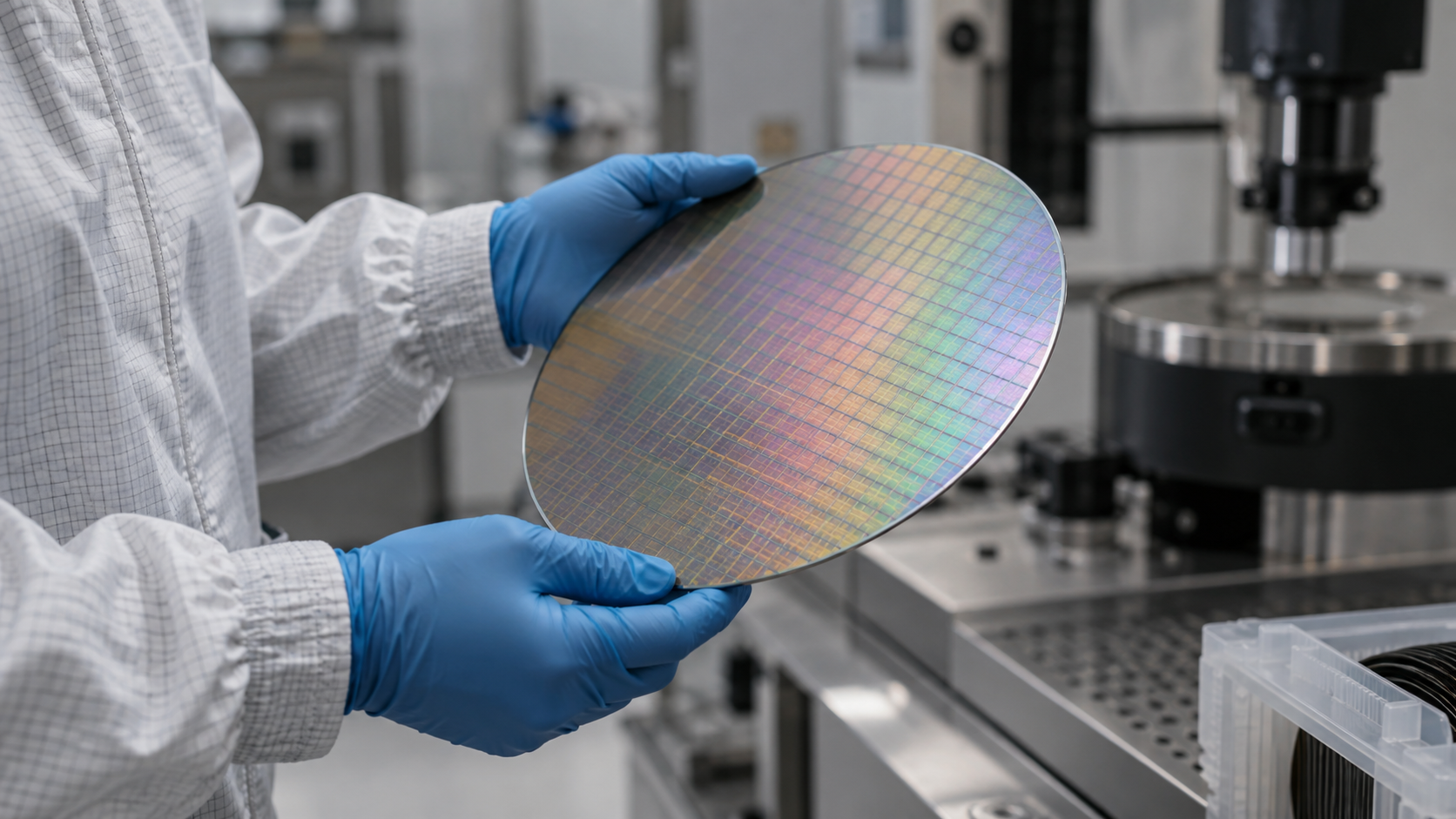 Gloved hands inspecting an unbranded silicon wafer in a metrology bay