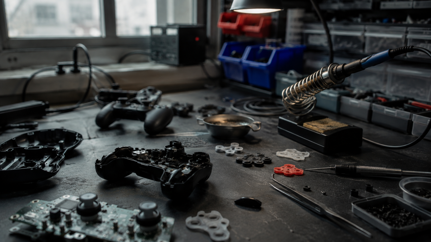 An unbranded controller repair bench with components, tools and a soldering stand.