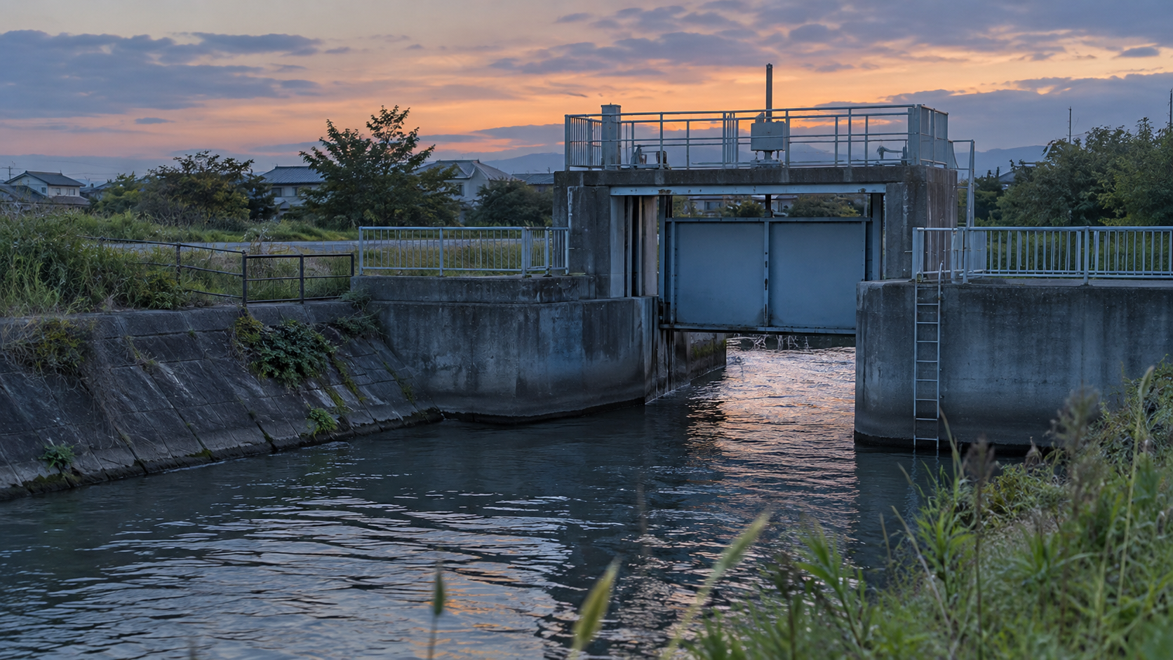 An unbranded water-control gate sits above a quiet channel at dusk.