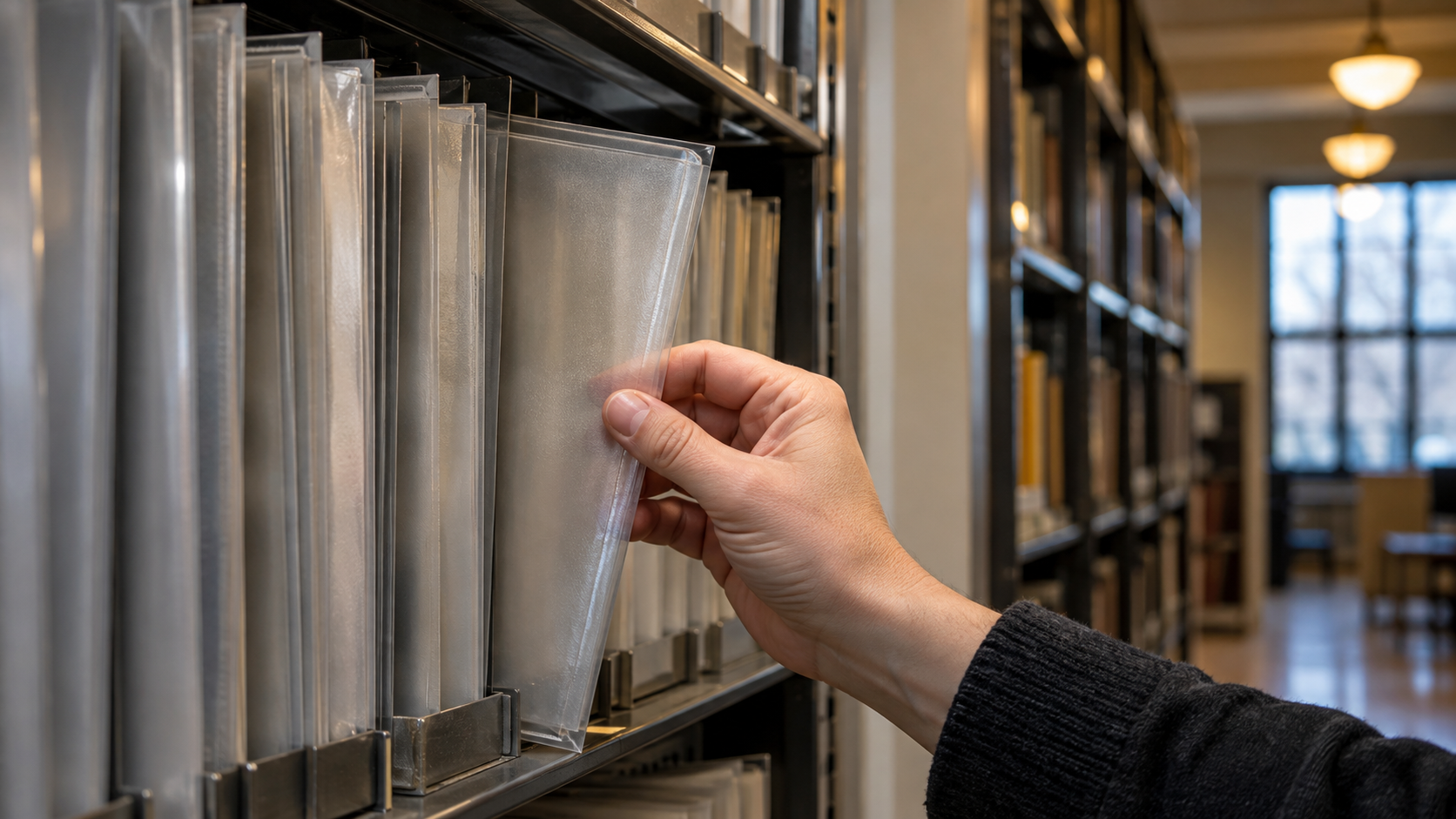 Hand retrieving an unlabeled translucent archive sleeve from a metal rail system