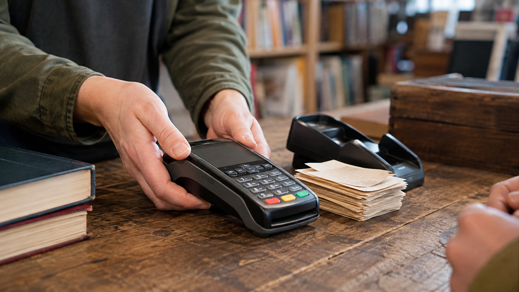 Bookshop cashier positioning an unbranded card terminal beside paper receipts