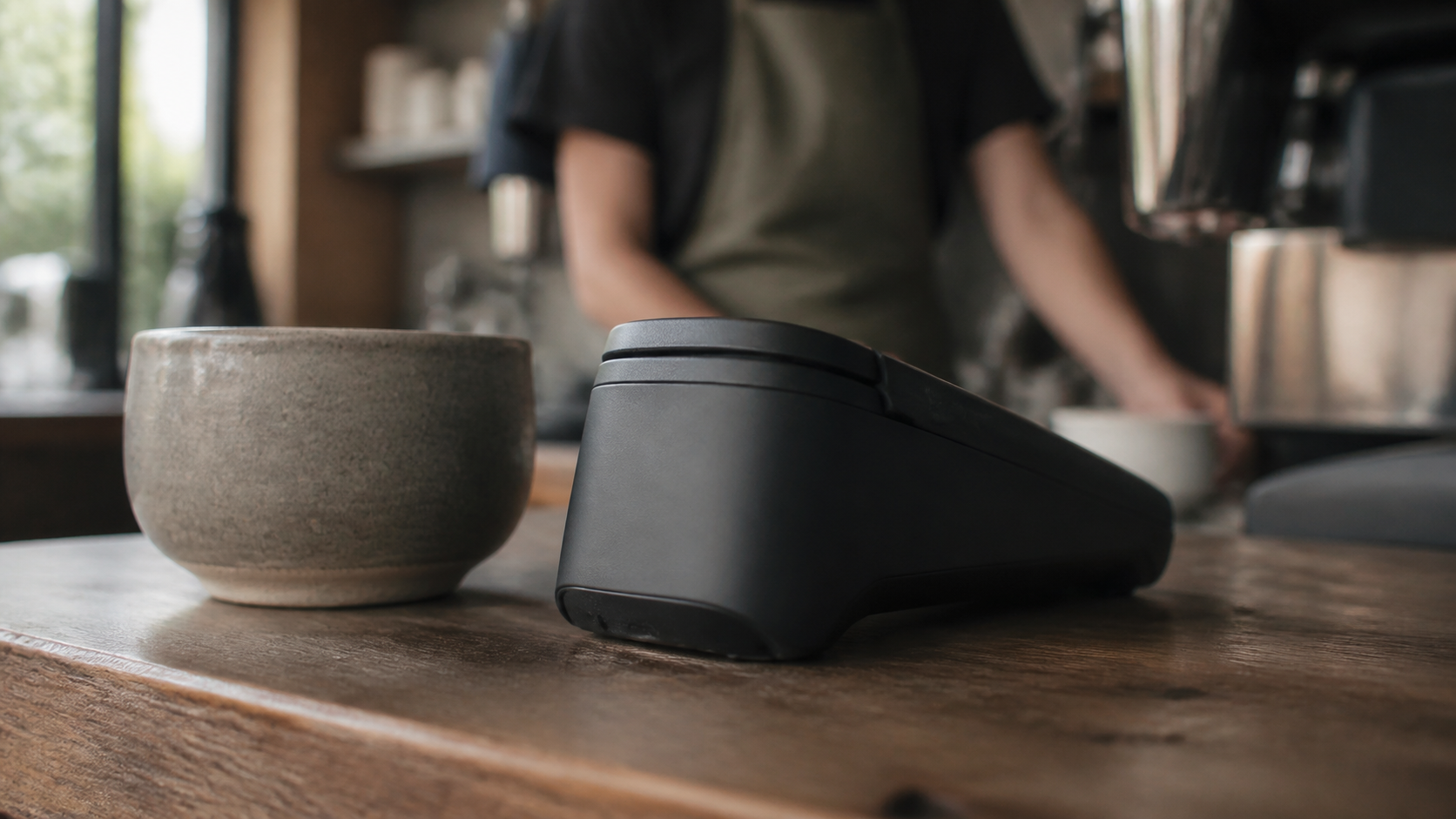 The blank rear of an unbranded payment device beside a ceramic cup on a café counter