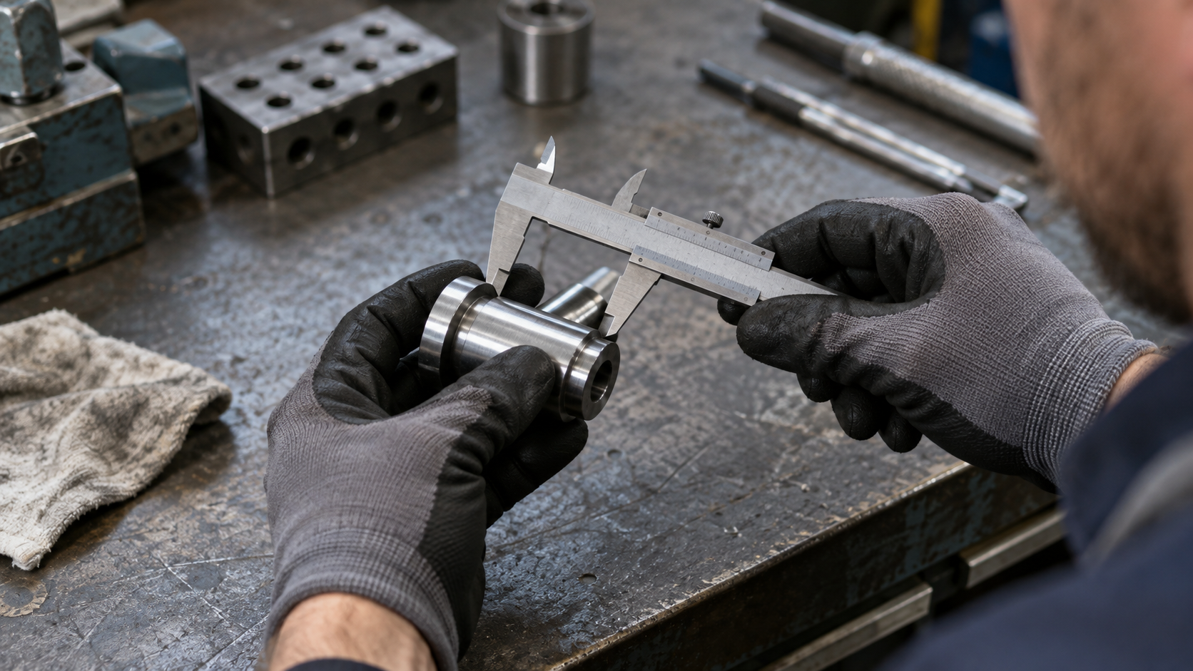 Gloved technician measuring a machined metal component with calipers