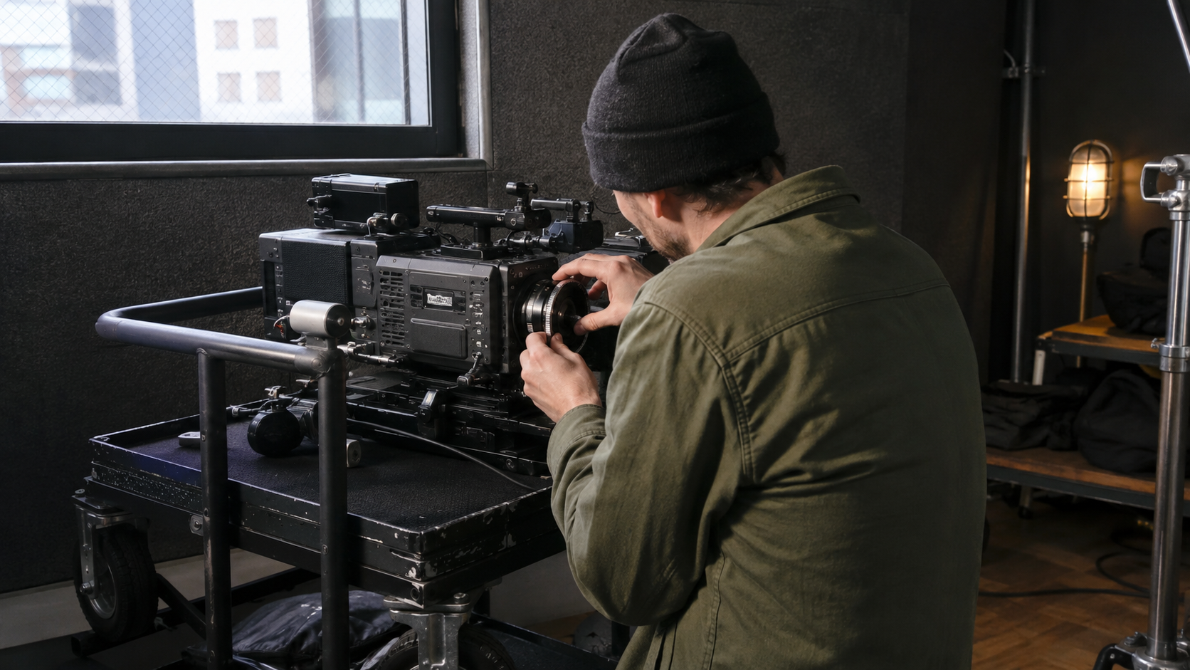 Technician adjusting an unbranded professional cinema camera in a studio