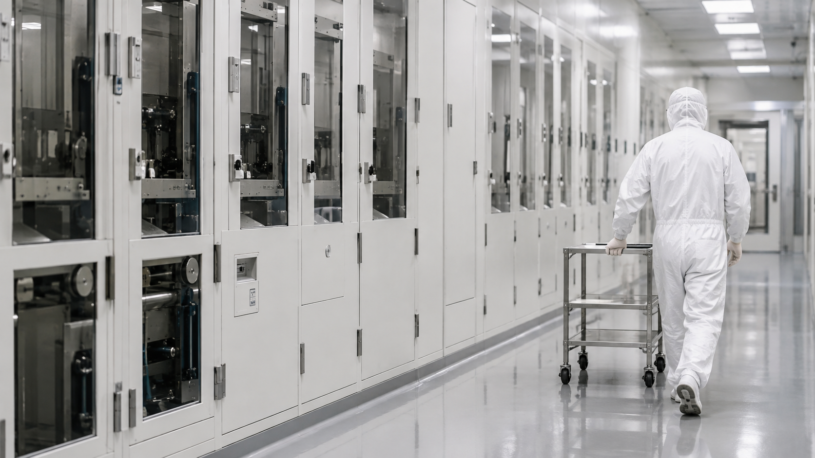 Technician moving a trolley through a generic semiconductor cleanroom corridor