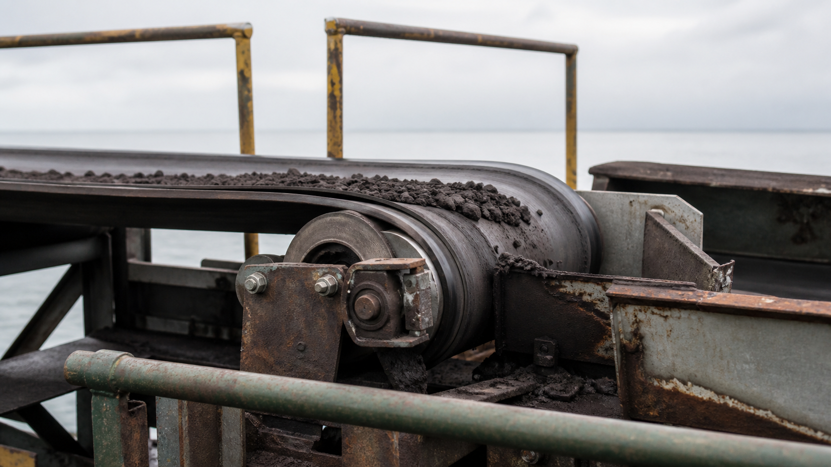 Unbranded ore conveyor transfer roller and weathered guard rail beside open water