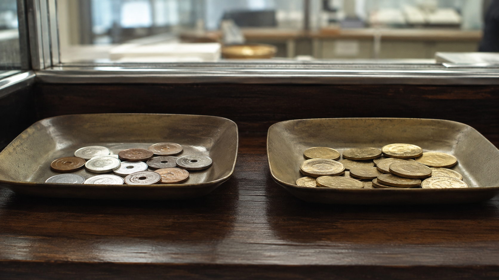 Two trays of Japanese yen and United States dollar coins on a counter