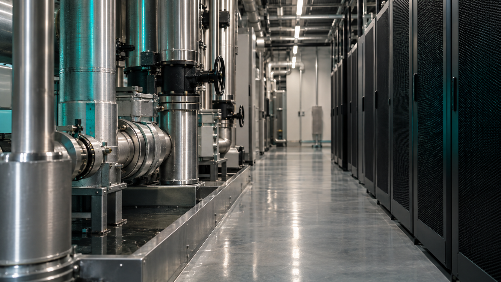 Unbranded data-center cooling pipes and server-cabinet side panels.