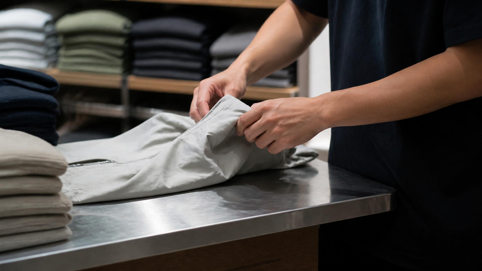 Retail worker's hands fold an unbranded light-gray jacket on a metal merchandise counter