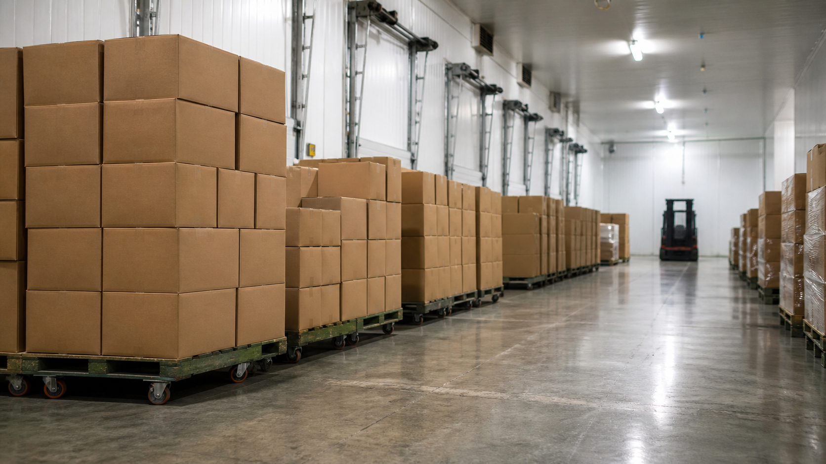 Unbranded refrigerated distribution aisle with plain carton pallets and a distant forklift