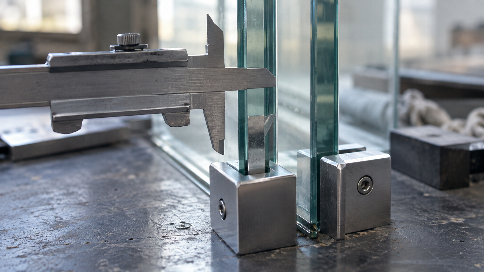 Stainless-steel caliper checking the gap between clear glass panels in metal brackets
