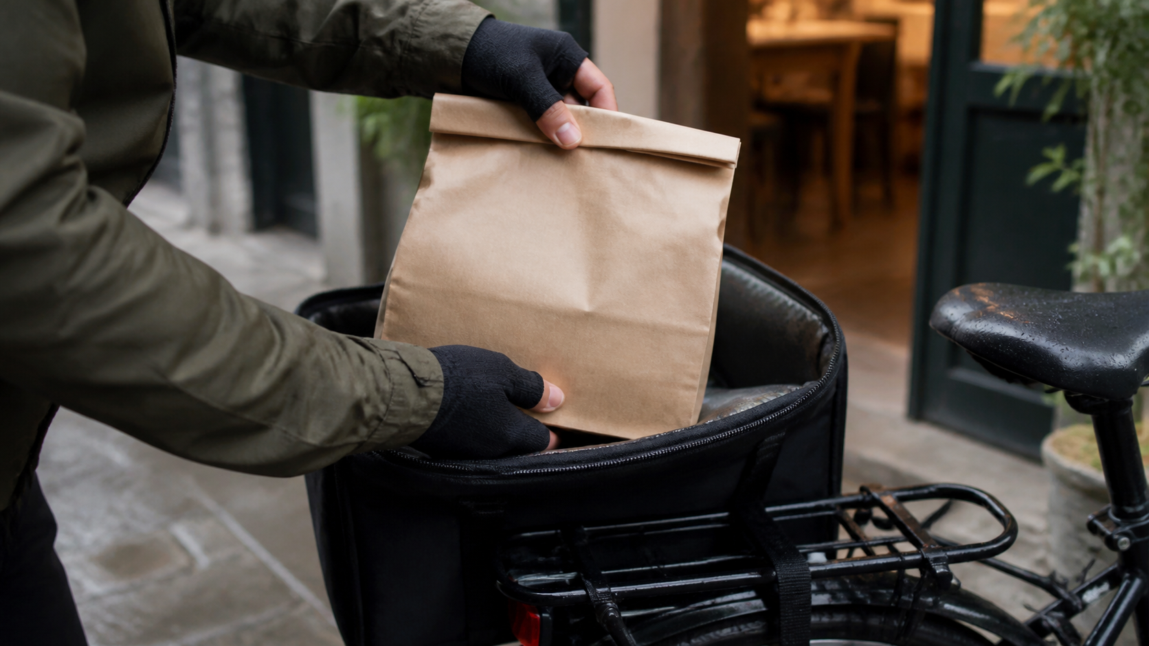 Gloved hands place an unbranded paper food bag into a bicycle-mounted insulated carrier.
