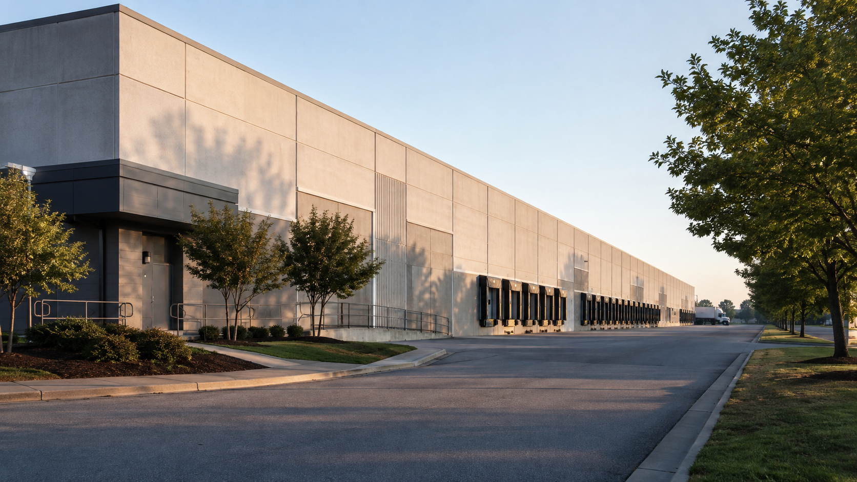 An unbranded large industrial building with loading bays in early morning light