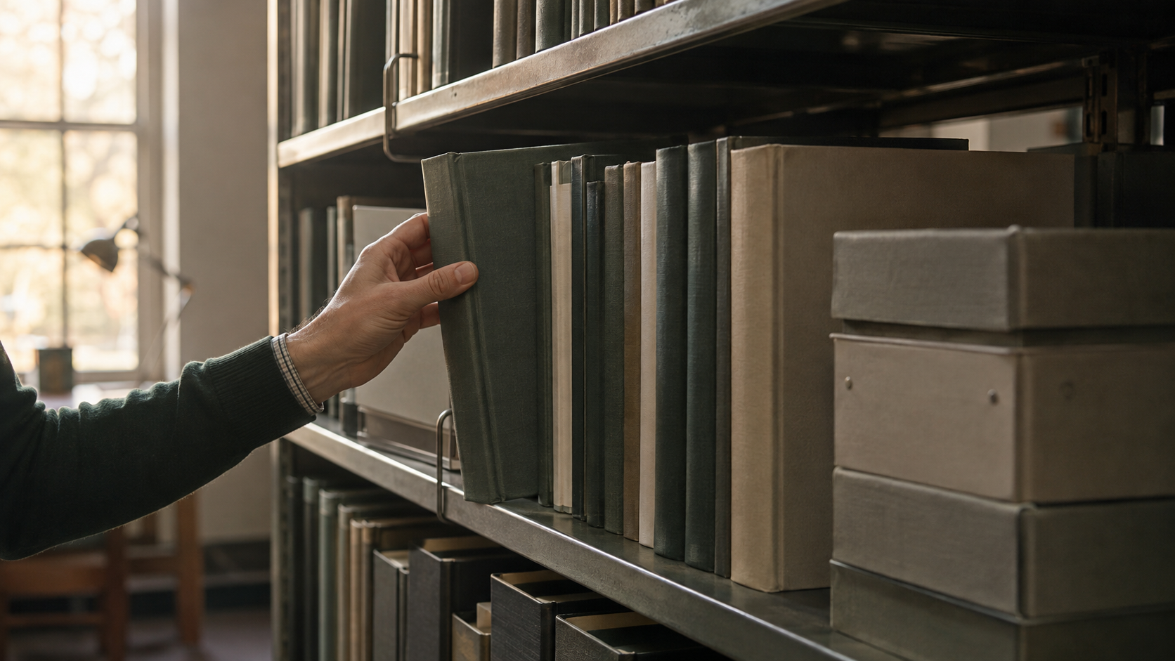 Hand returning a plain bound report to a library reference shelf