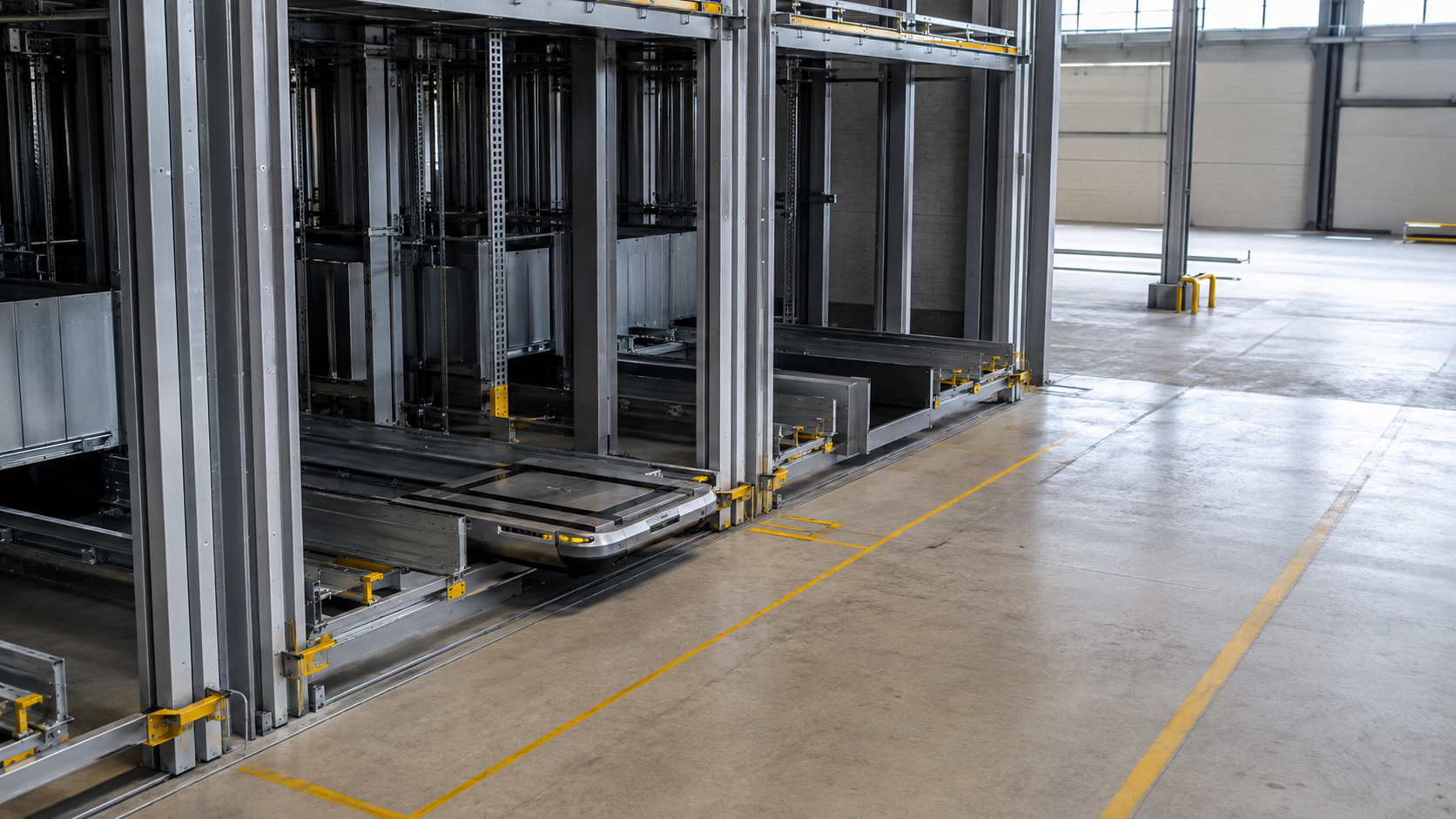 Unbranded automated logistics floor with a compact pallet shuttle