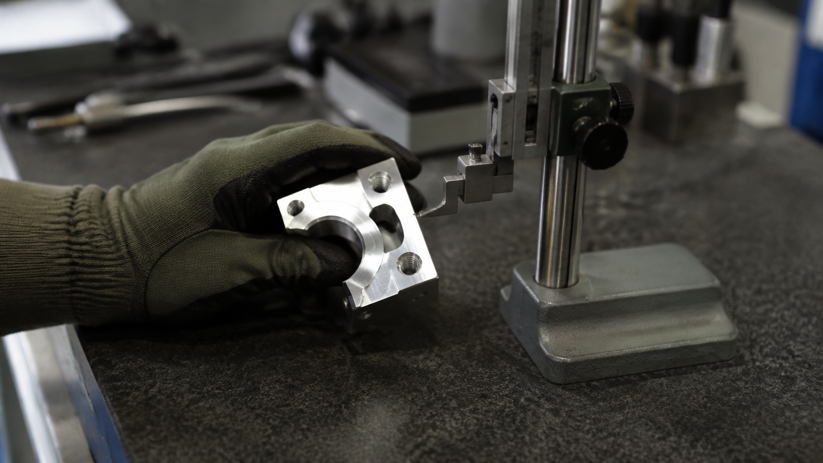 Gloved hand holding a machined metal component beside an inspection gauge