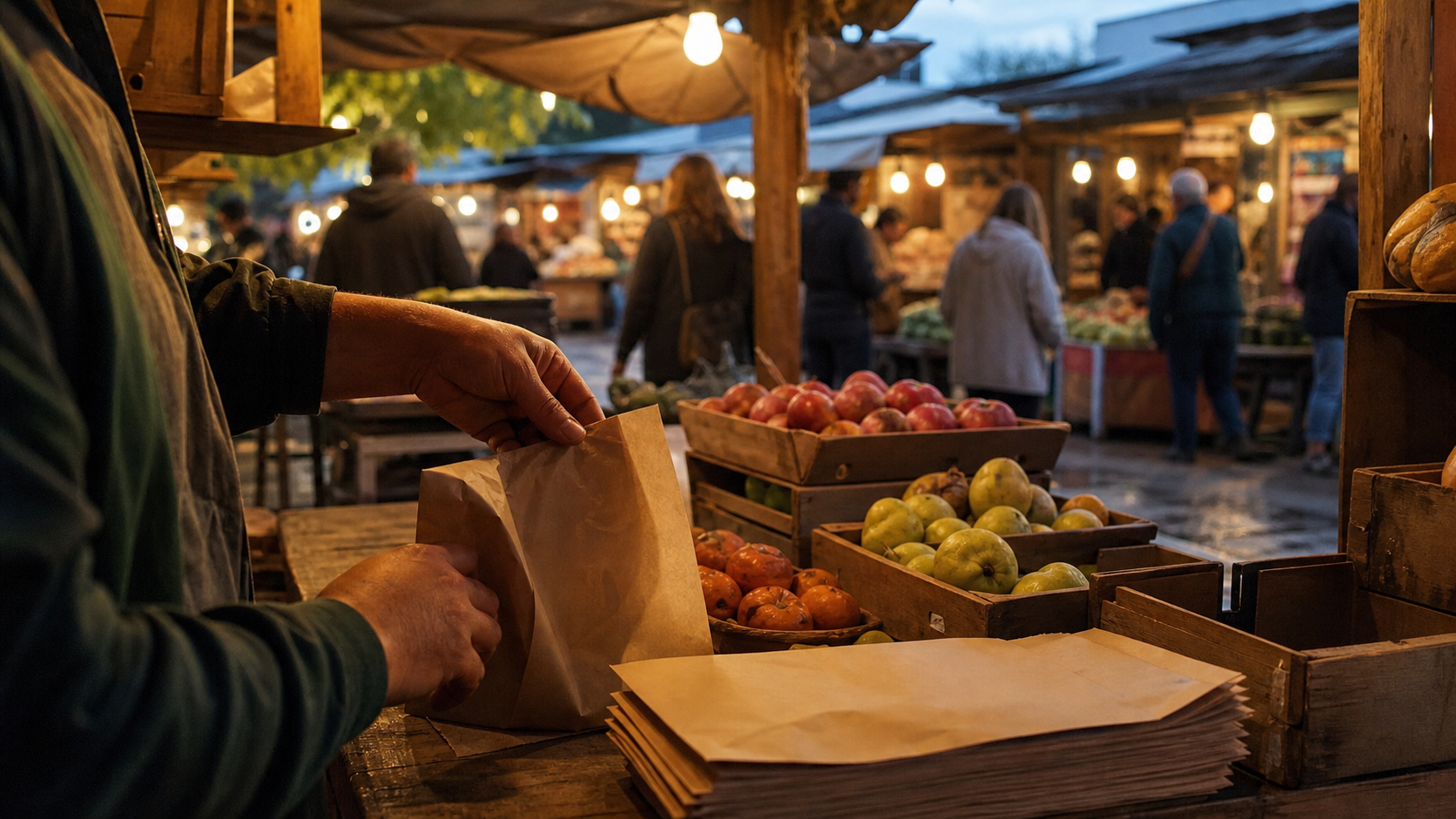 A market vendor packs fruit into a plain paper bag at a twilight outdoor stall