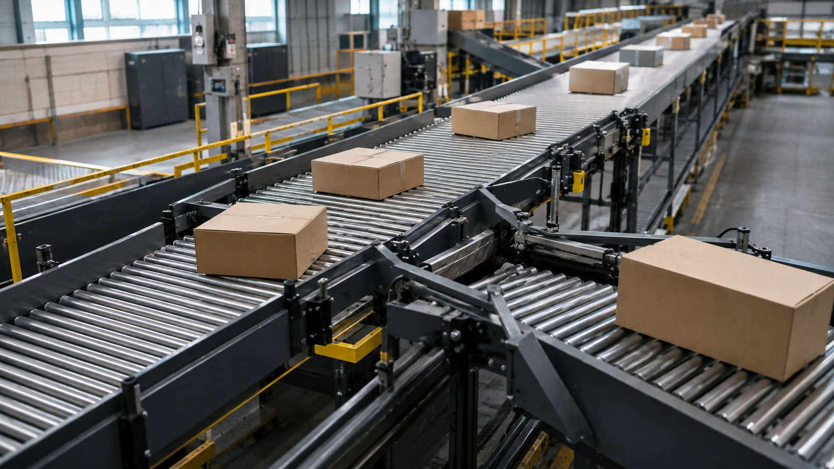 Plain cardboard parcels moving through an automated industrial sorter