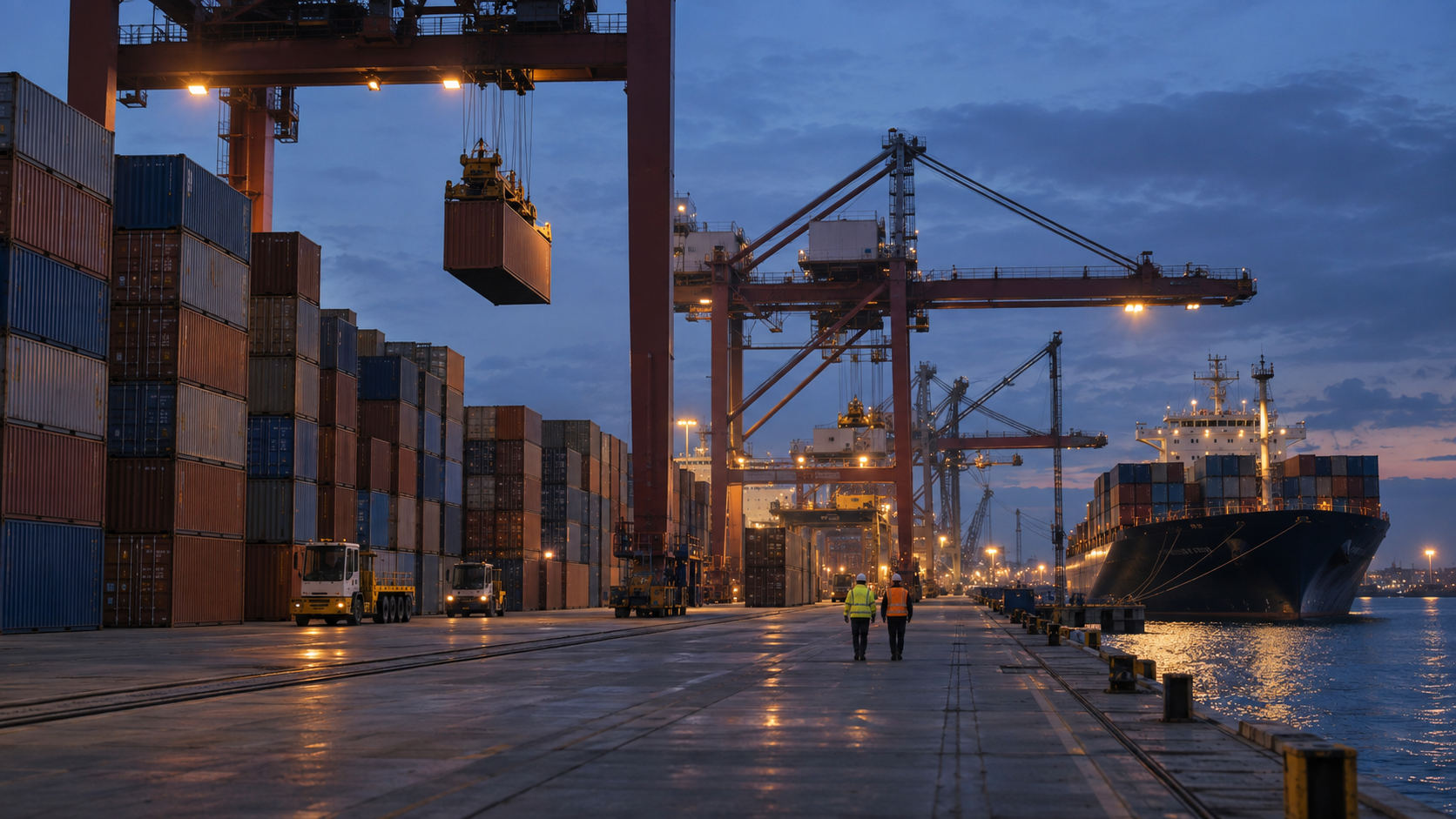 Cargo cranes and container terminal at blue hour