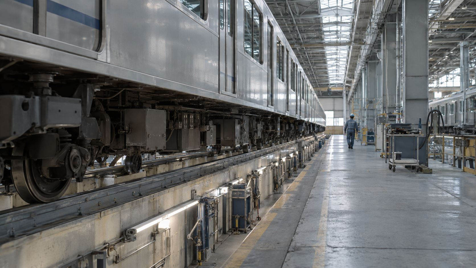 Unbranded commuter train in a bright rail-maintenance depot.