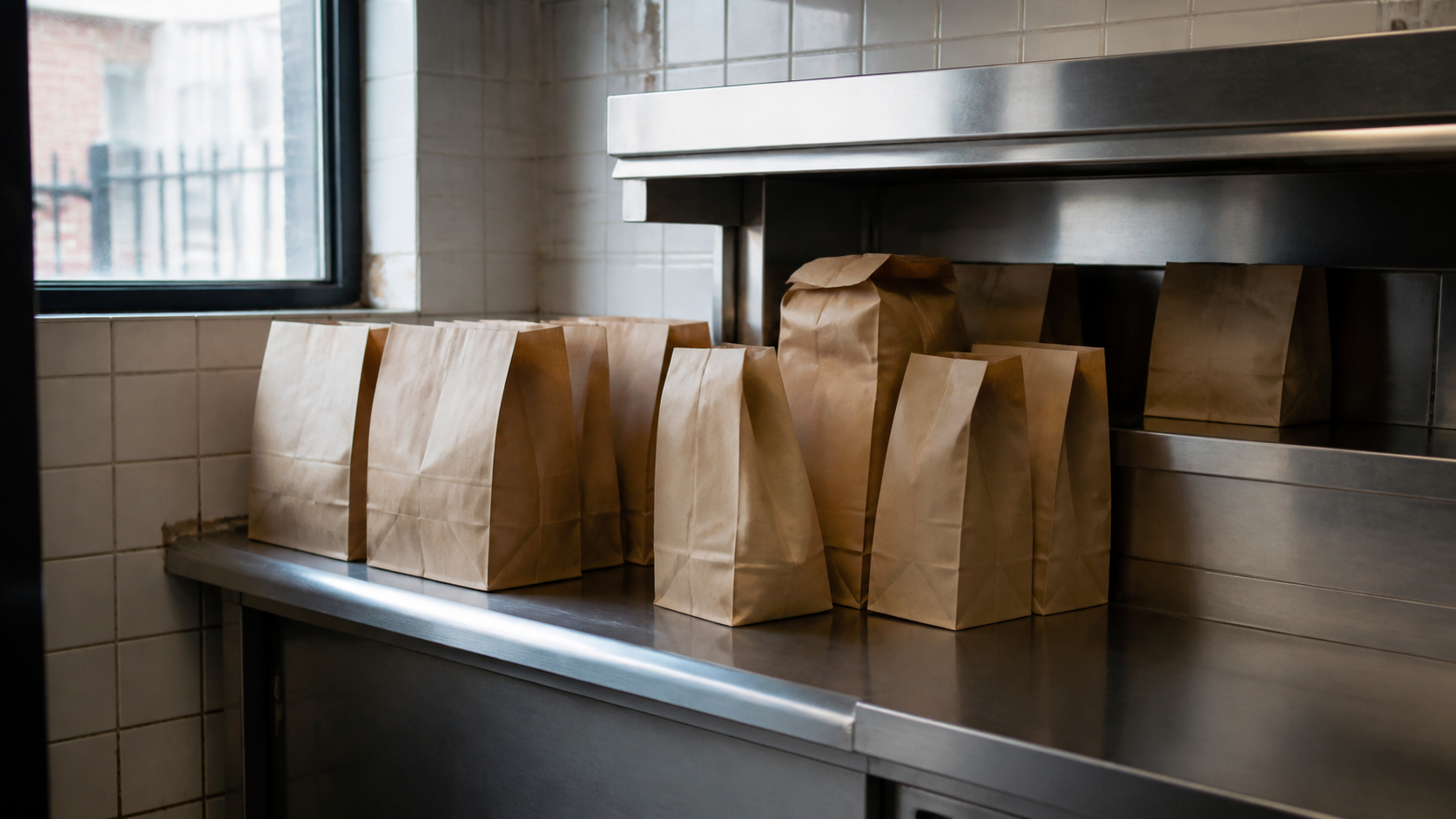 Unbranded paper takeaway bags rest on a stainless-steel restaurant pickup shelf.