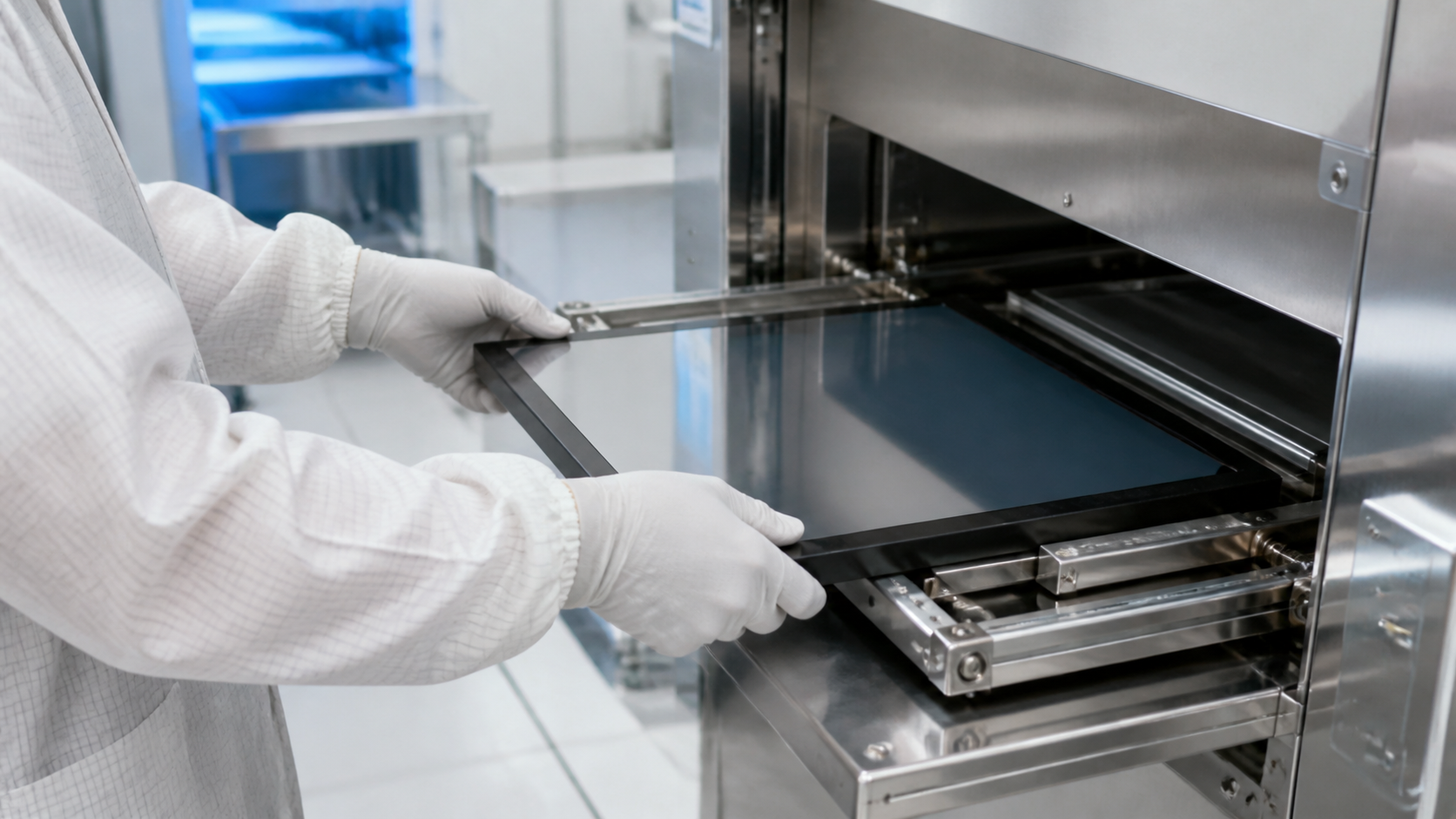 Gloved cleanroom worker guiding an unbranded photomask carrier into a steel loading station