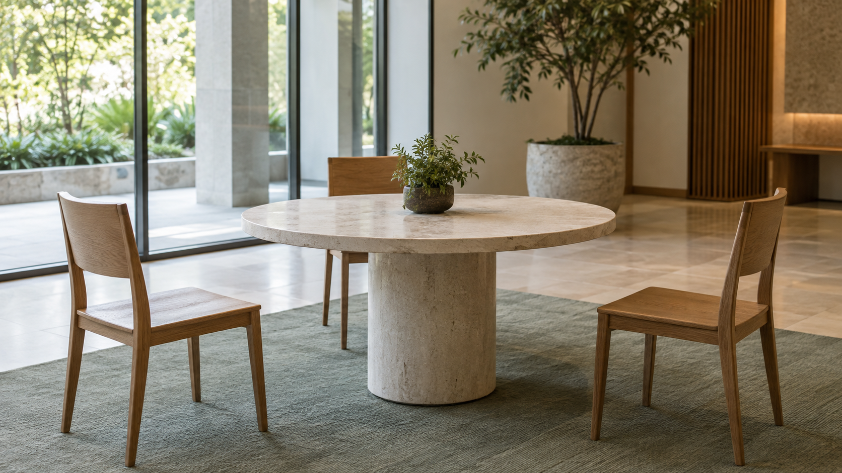 Three separate wooden chairs around a pale stone table in a quiet lobby