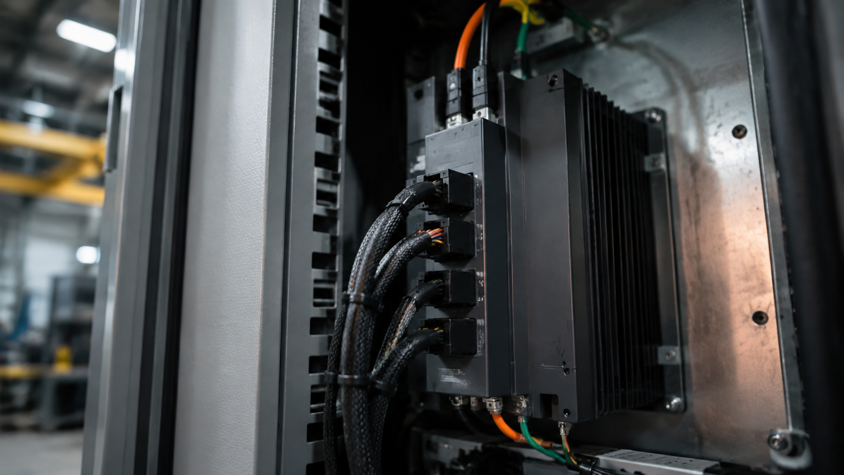 Unbranded industrial servo drive and control cables inside a machine cabinet
