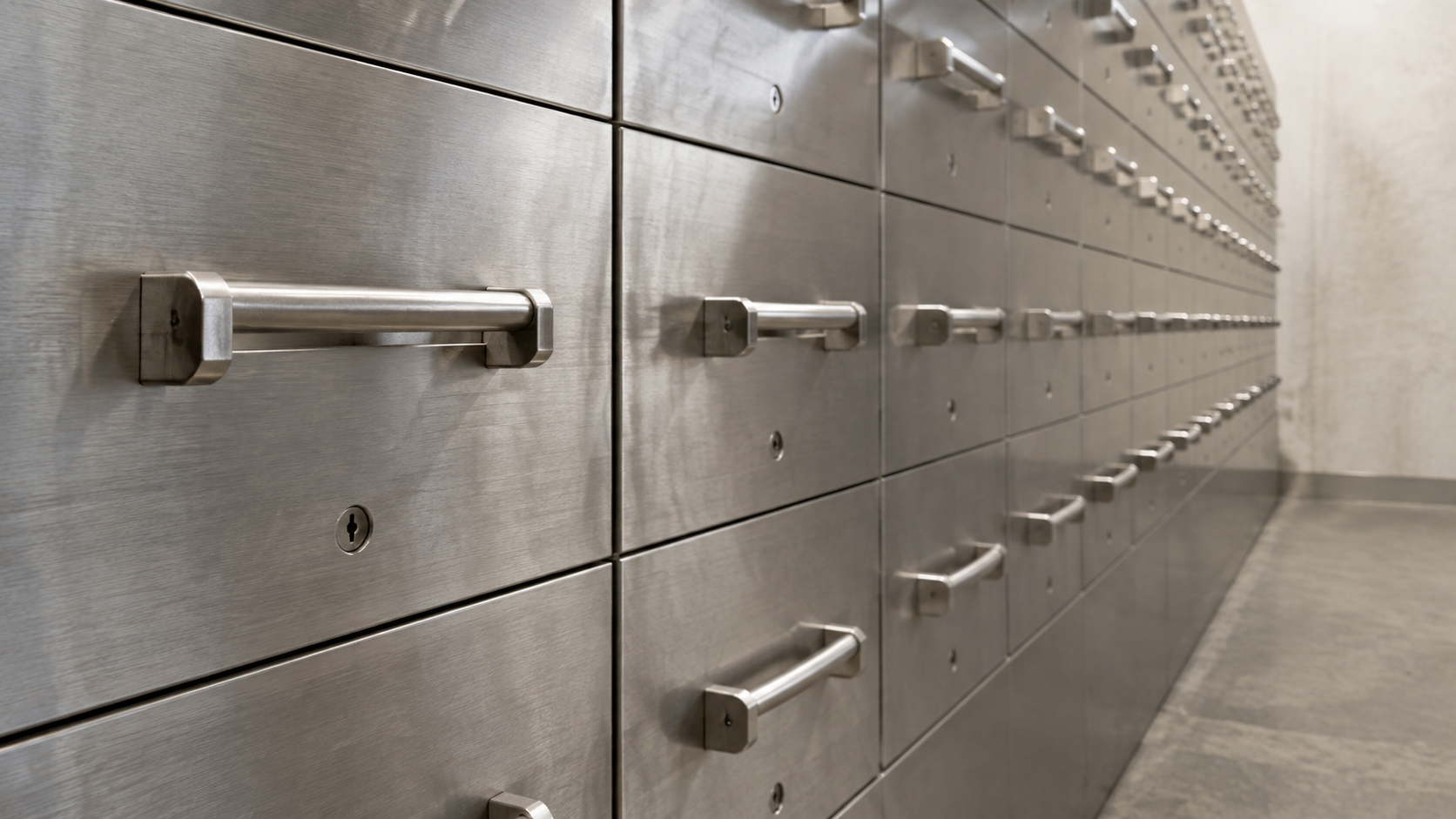 Rows of unmarked brushed-steel secure storage drawers in a quiet institutional room