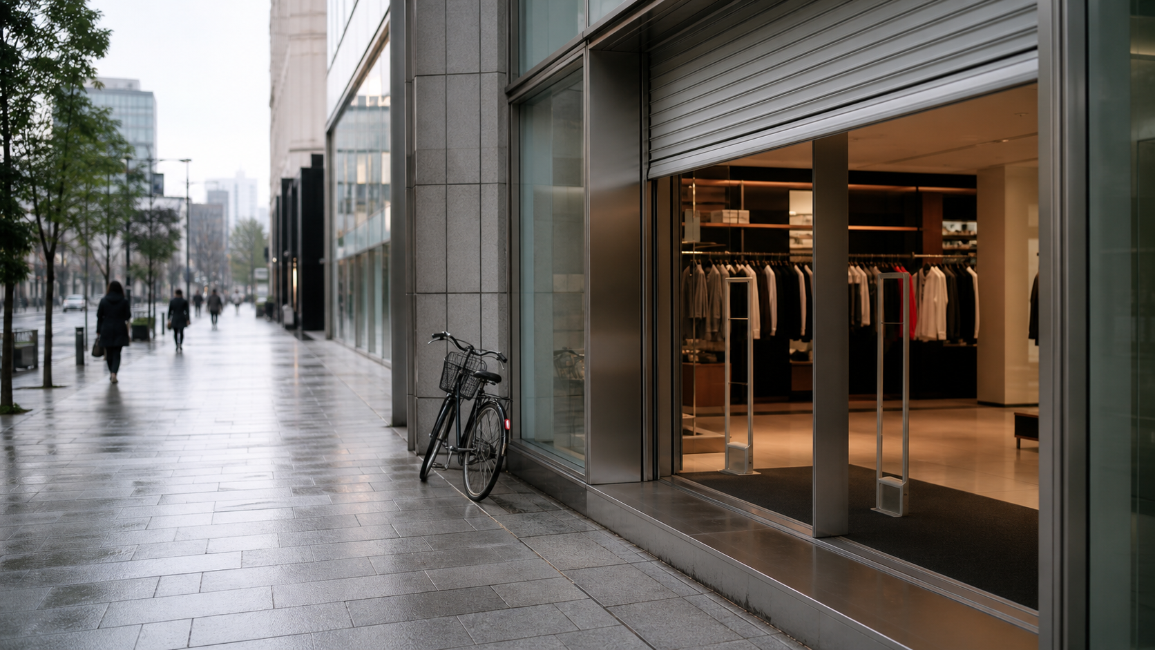 An unbranded apparel storefront opens onto a rain-damp city pavement beside a parked bicycle