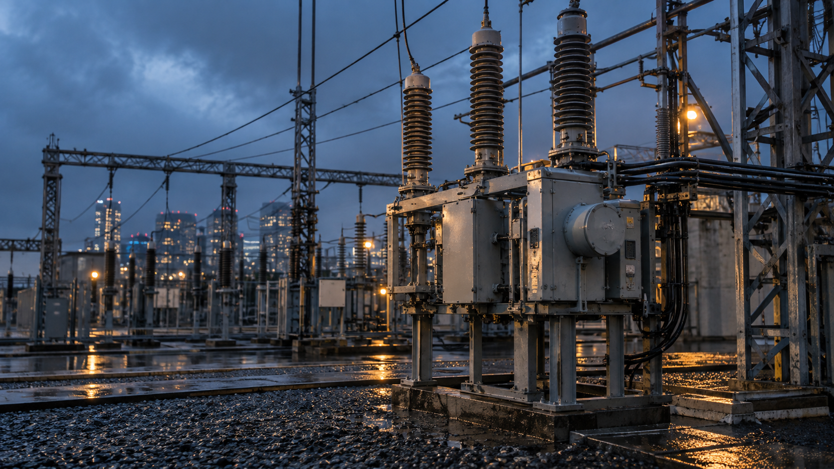 Unbranded high-voltage substation equipment on rain-damp gravel at blue hour.