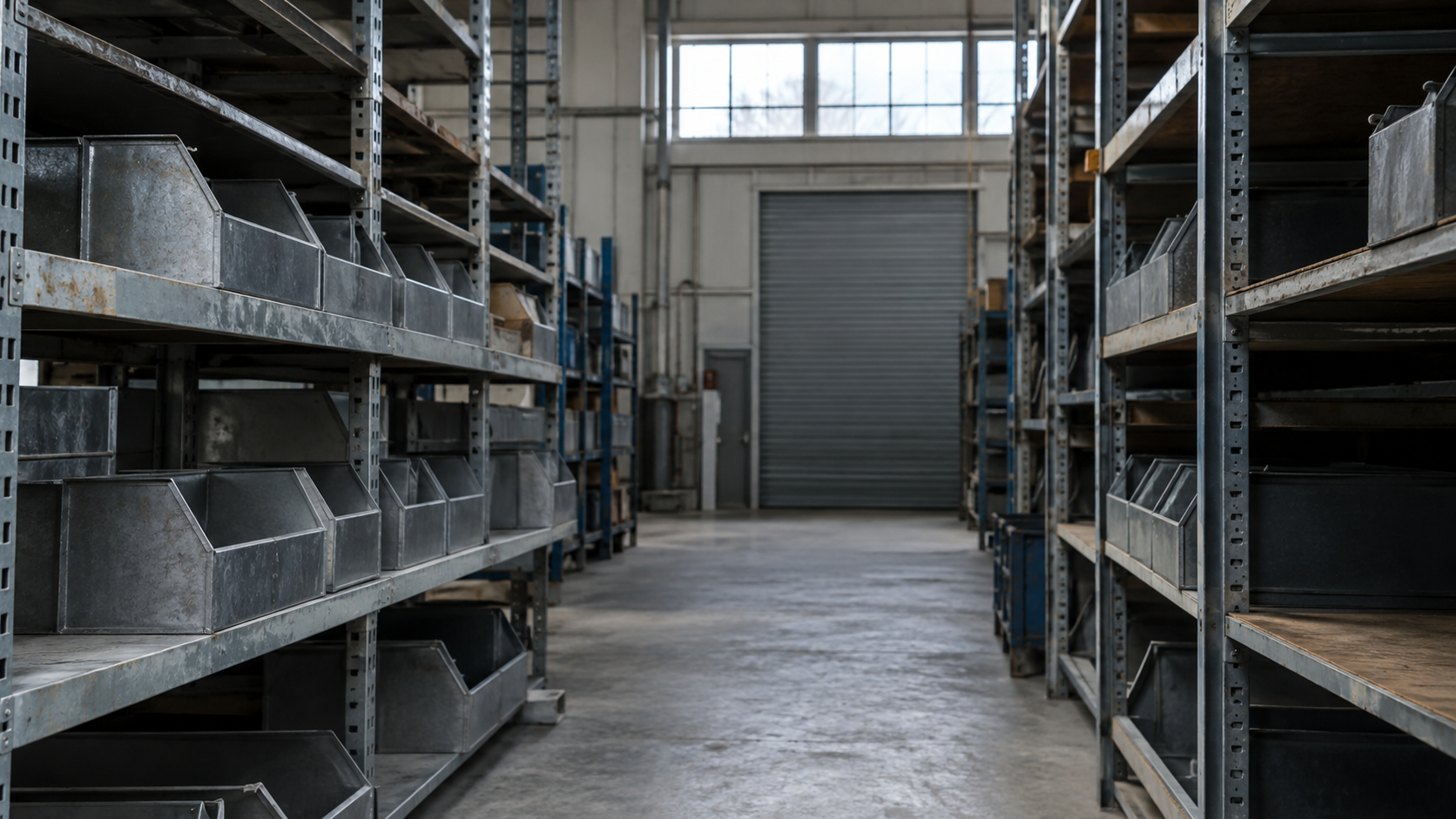 Empty metal parts bins on warehouse shelving
