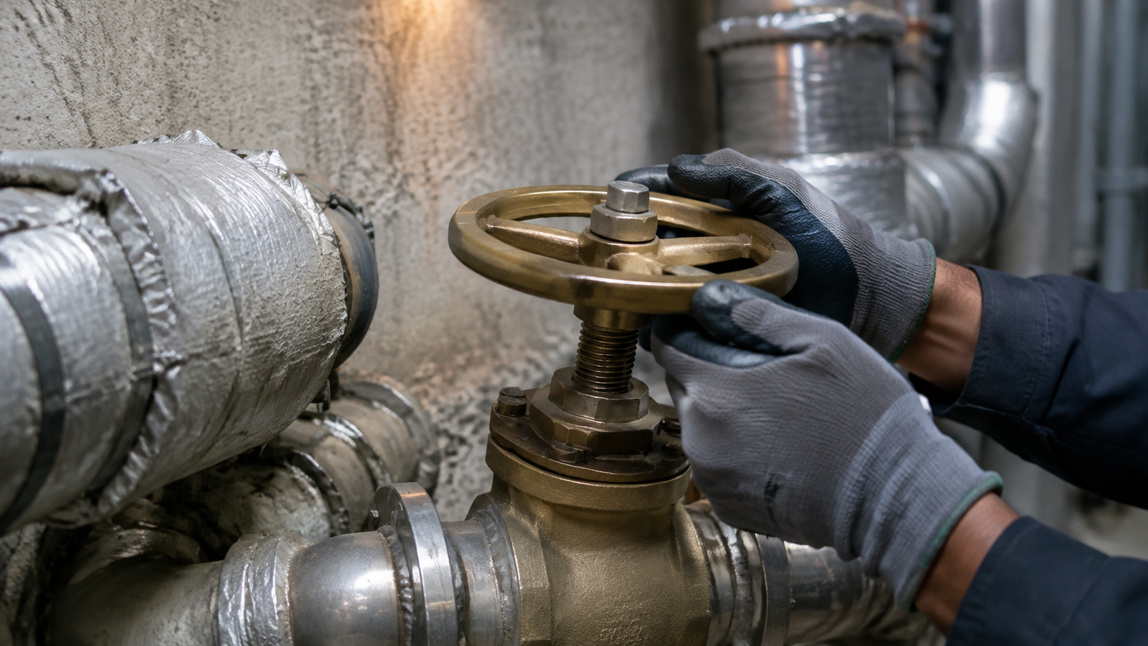 Gloved hands turn an unbranded brass valve on insulated utility pipes