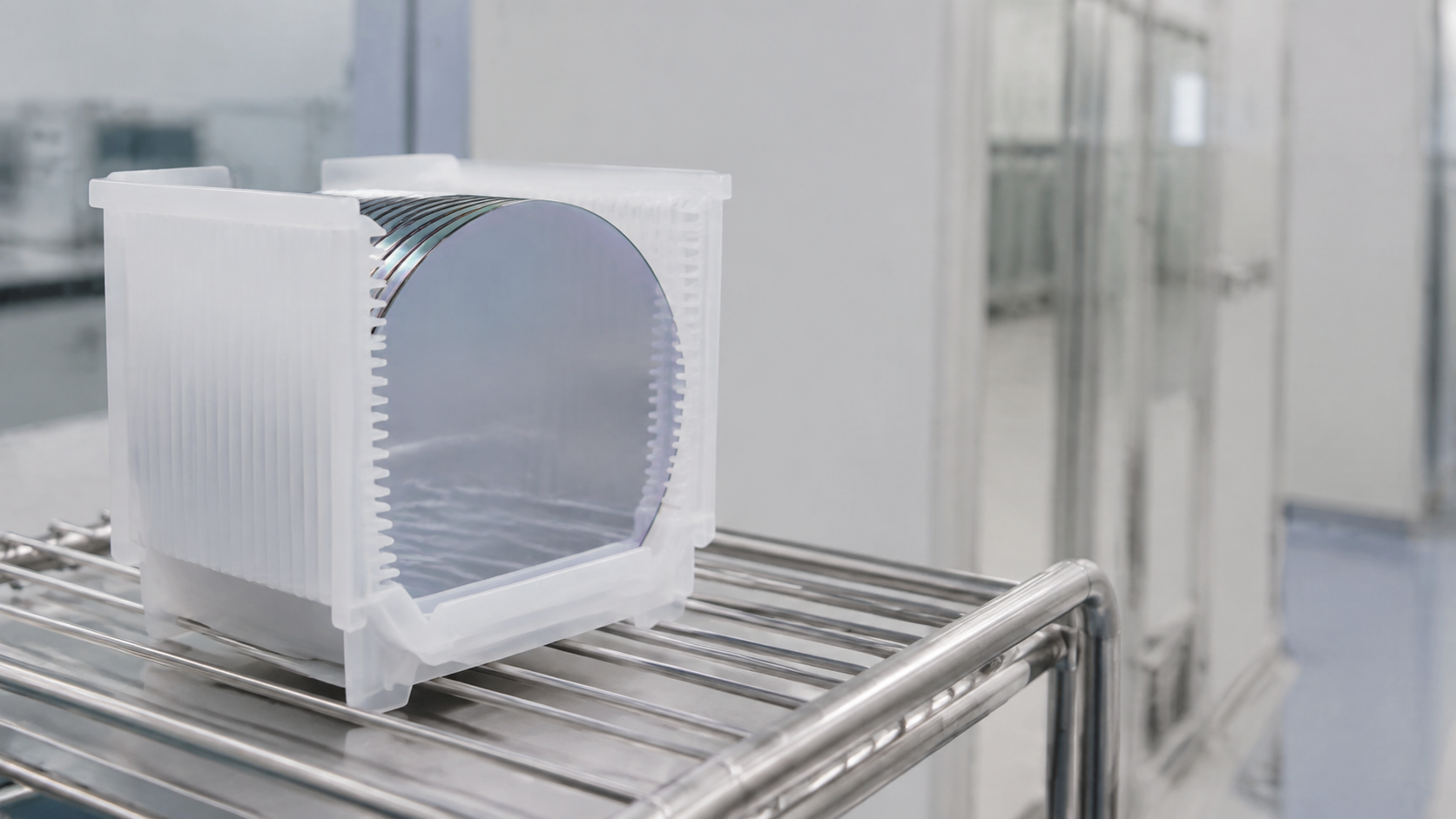 Silicon wafers held in a cleanroom shipping cassette