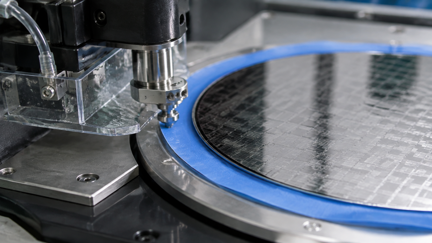 Precision wafer dicing station with silicon wafer on blue processing tape