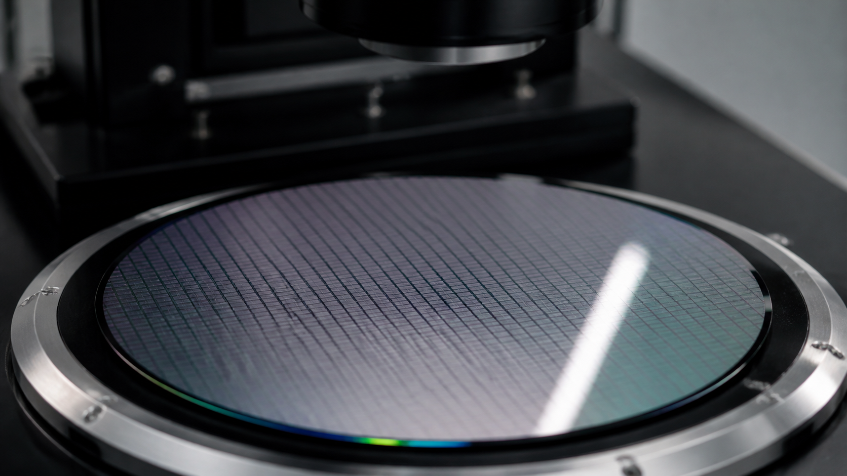 Unbranded silicon wafer in a precision inspection tray beneath an optical hood