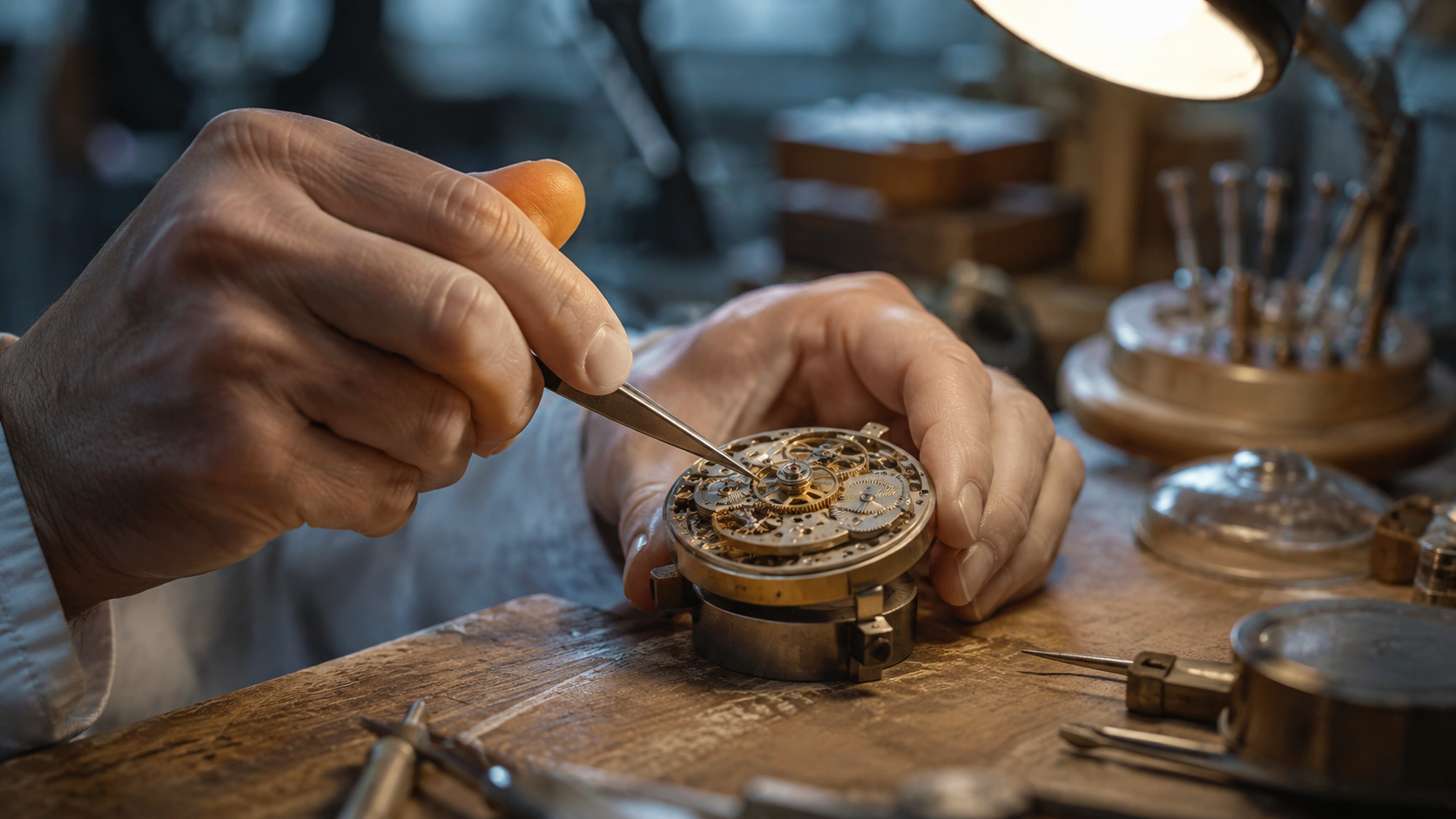 A watchmaker adjusting an exposed mechanical movement with fine tweezers
