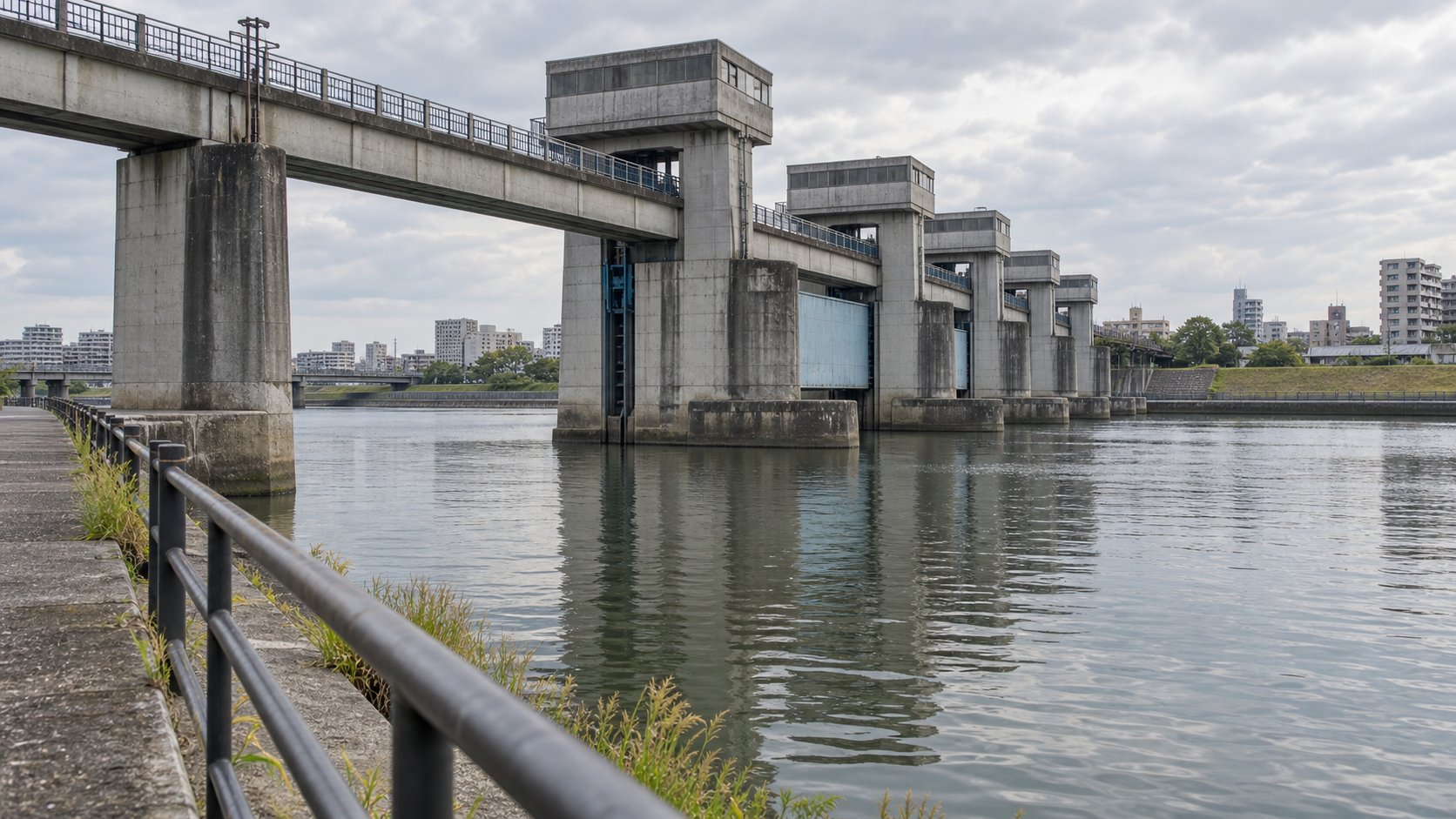 An unbranded concrete floodgate bridge spans a calm urban canal under overcast skies.