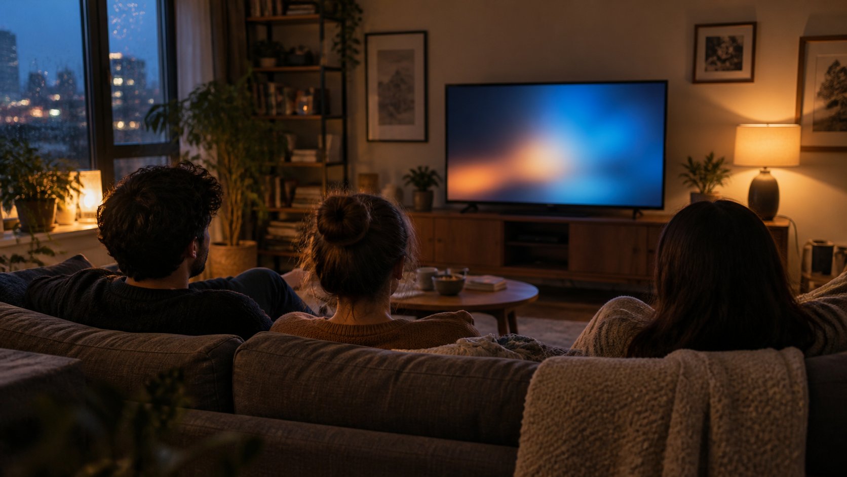 Three adults viewed from behind in a warm apartment living room watching an unbranded television at dusk