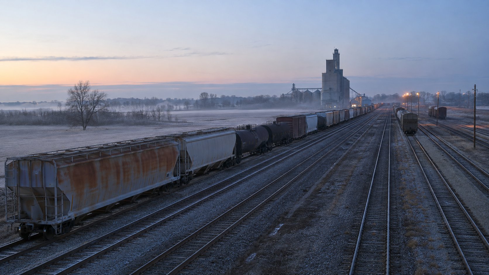 Unbranded freight train and parallel tracks crossing a misty rural rail yard at dawn