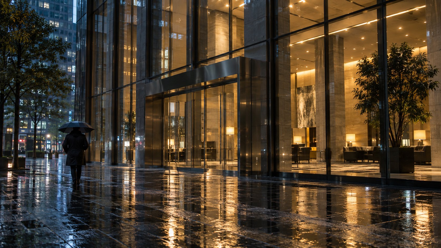 Rainy nighttime exterior of an unbranded glass-fronted financial-services building, with one pedestrian passing