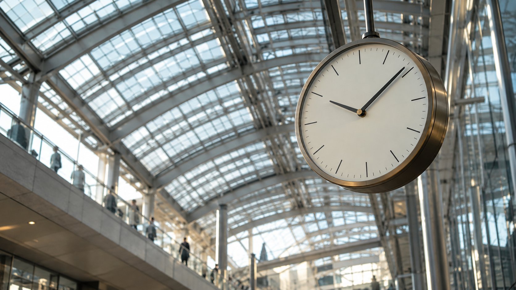 An unbranded analog clock hangs beneath a glass-and-steel urban transit canopy.