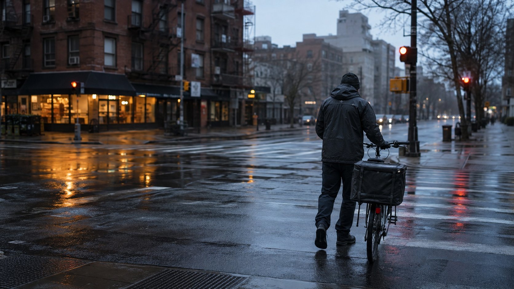 An unbranded bicycle courier walks through a rain-washed city intersection at dawn.
