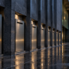 A generic public-records archive facade with blank brushed-metal return drawers after rain.