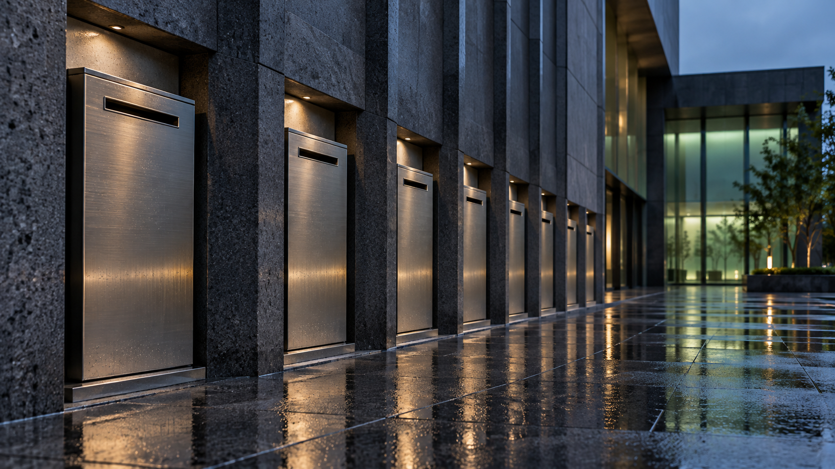 A generic public-records archive facade with blank brushed-metal return drawers after rain.