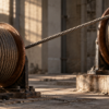 Two weathered cable drums joined by a taut braided steel line in a maintenance bay.