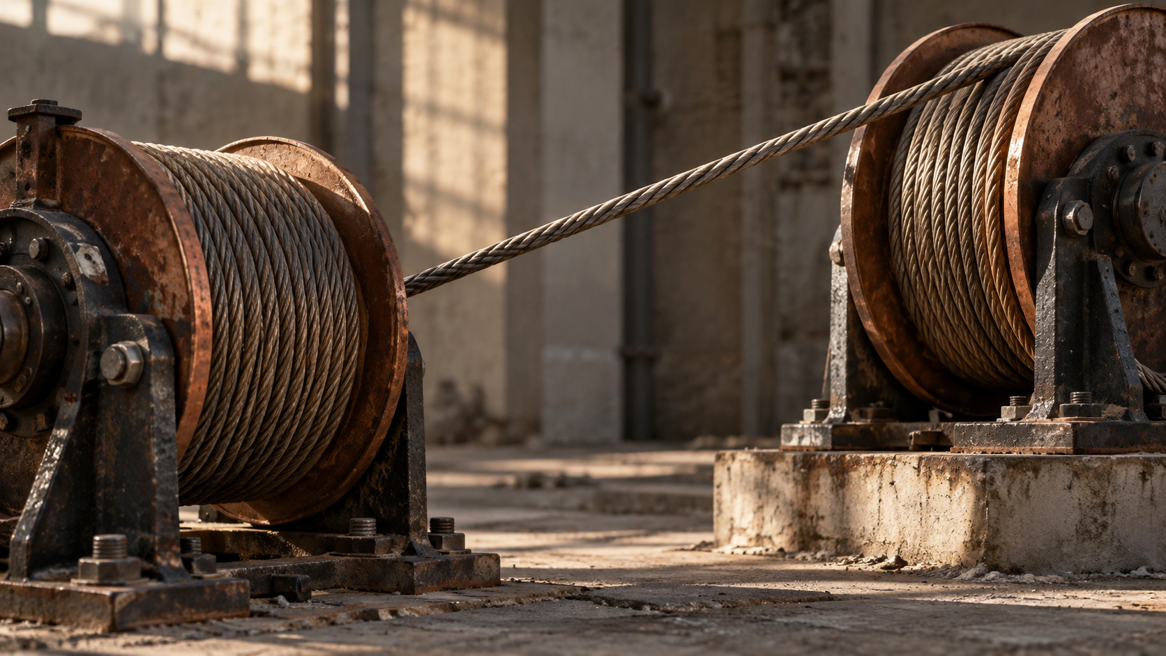 Two weathered cable drums joined by a taut braided steel line in a maintenance bay.