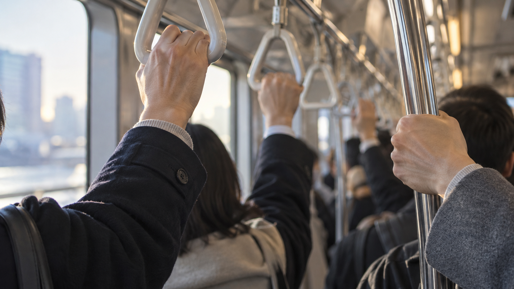 Commuters holding train straps during an early morning journey