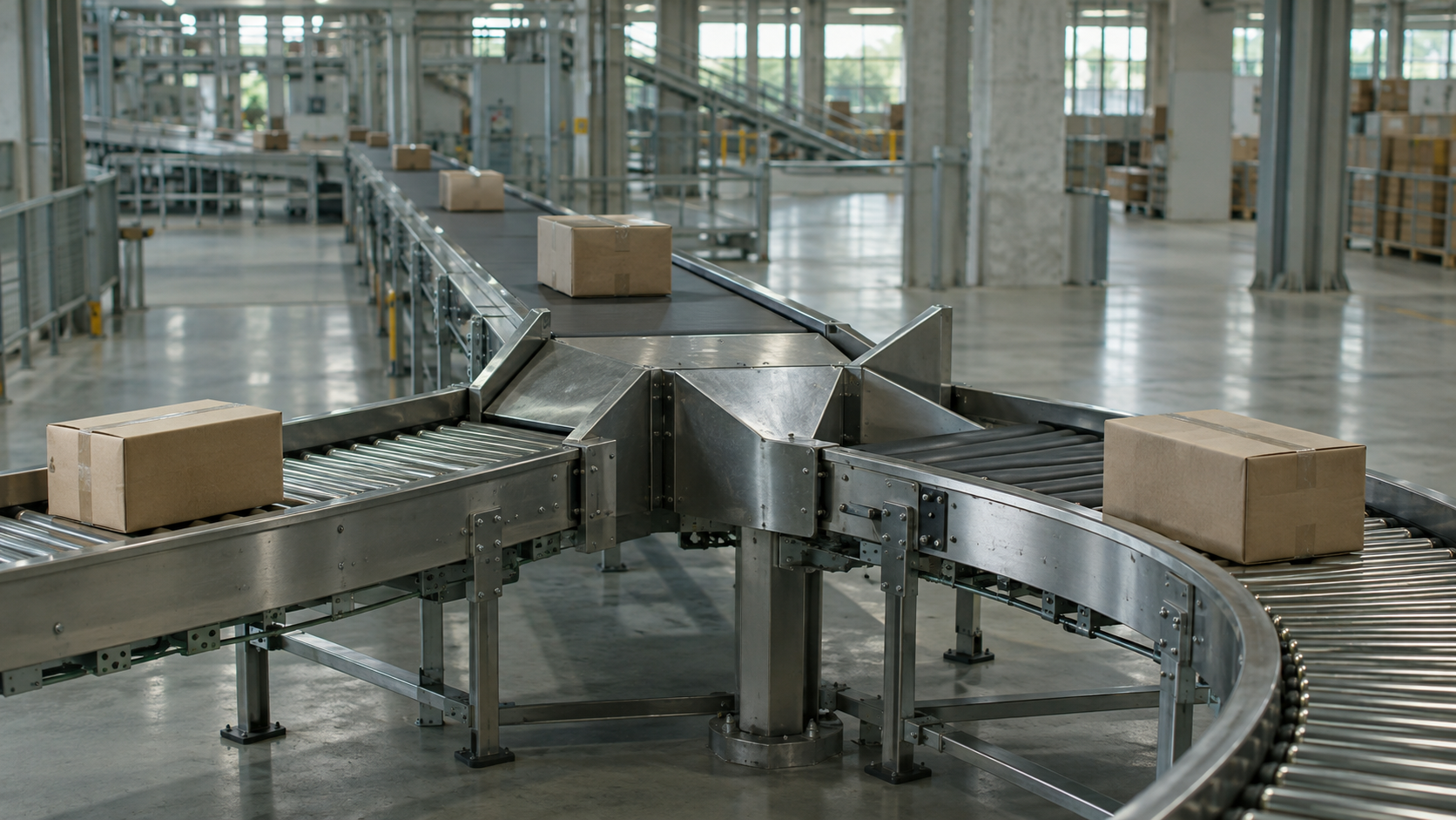 A three-way stainless-steel conveyor diverter moves plain parcels through an unbranded sorting hall.