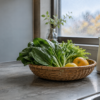 Fresh leafy vegetables and citrus in a woven basket beside an unbranded electric kettle on a quiet kitchen counter.